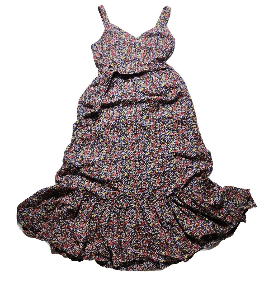 J Crew Womens 10 Tiered Floral Maxi Linen Cotton Belt Dress Navy Blue